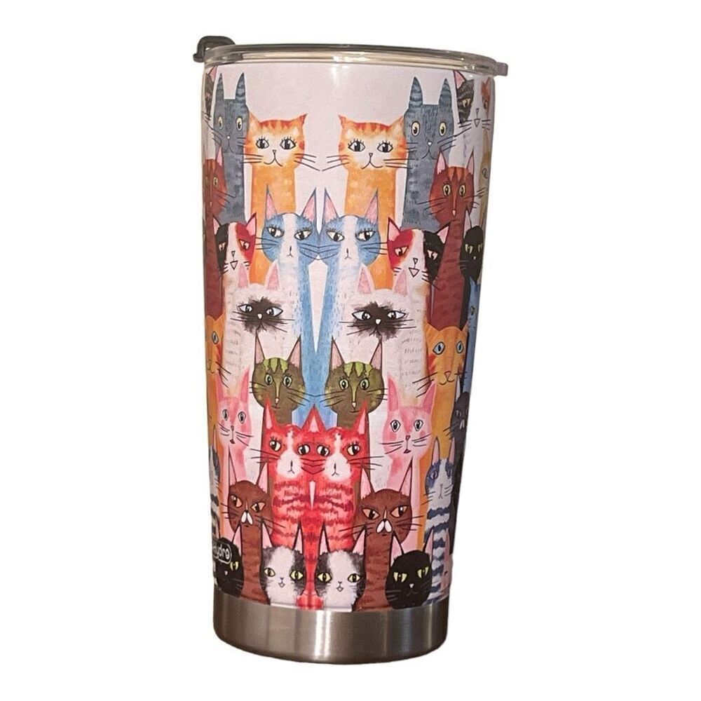 Colorful Drawing Cat Tumbler Cup - Insulated Travel Coffee Mug with Lid